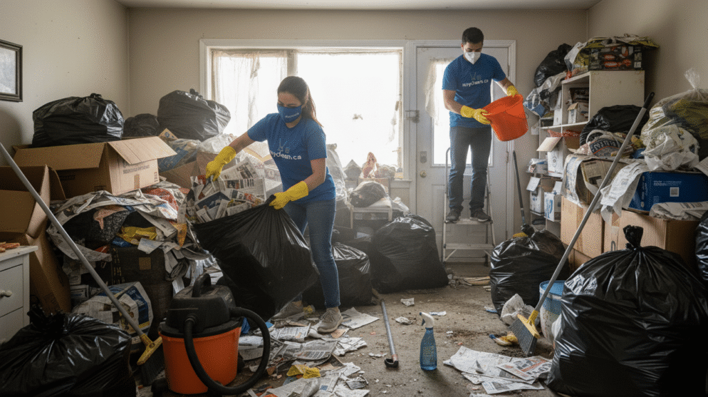 AnyClean hoarder cleaning services in Leduc, Alberta: hoarder clean-up crew clearing a cluttered home