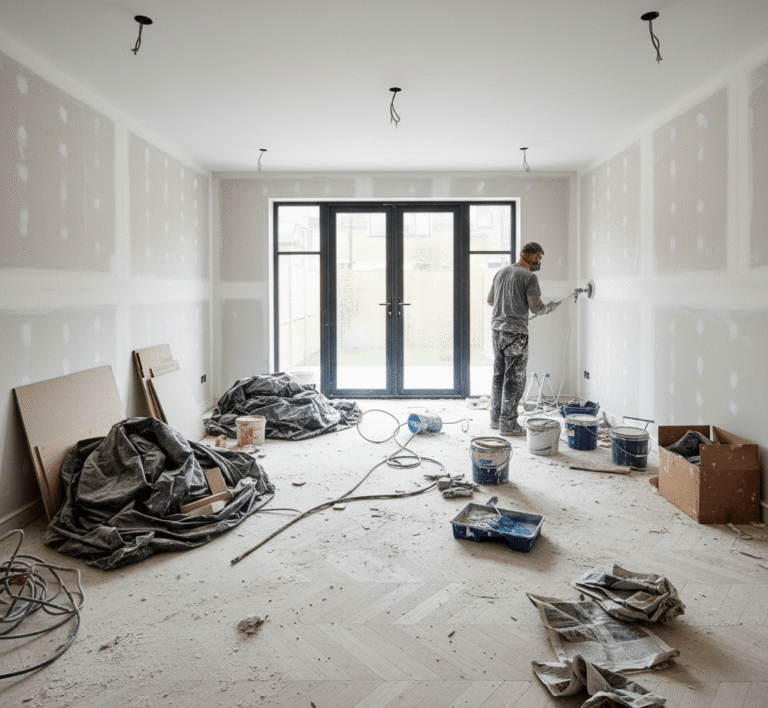 Living room during a renovation: drywall dust, paint buckets, tarps and debris on the floor before post-renovation cleaning