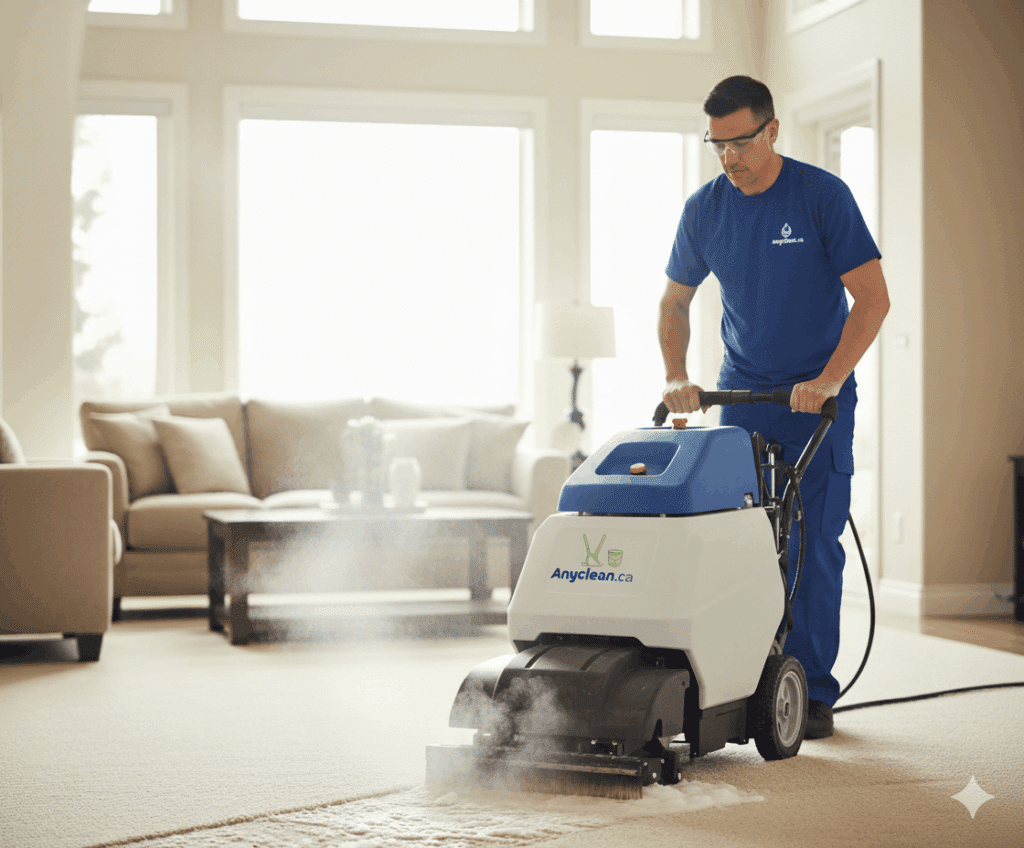 AnyClean carpet cleaning in Saskatchewan: technician steam-cleaning a living-room carpet