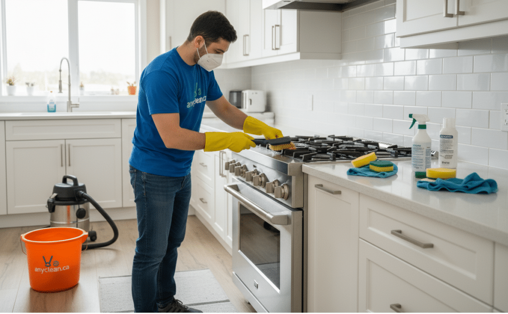 AnyClean appliance cleaning in Canada: cleaner degreasing a gas stovetop