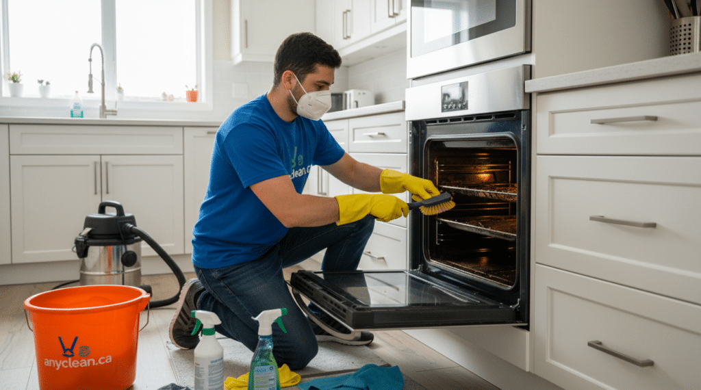 AnyClean appliance cleaning in Leduc: cleaner degreasing the inside of an oven