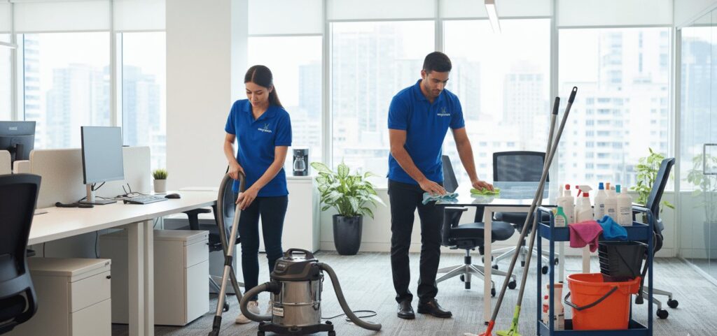 AnyClean commercial cleaning in Calgary: crew cleaning an open-plan office