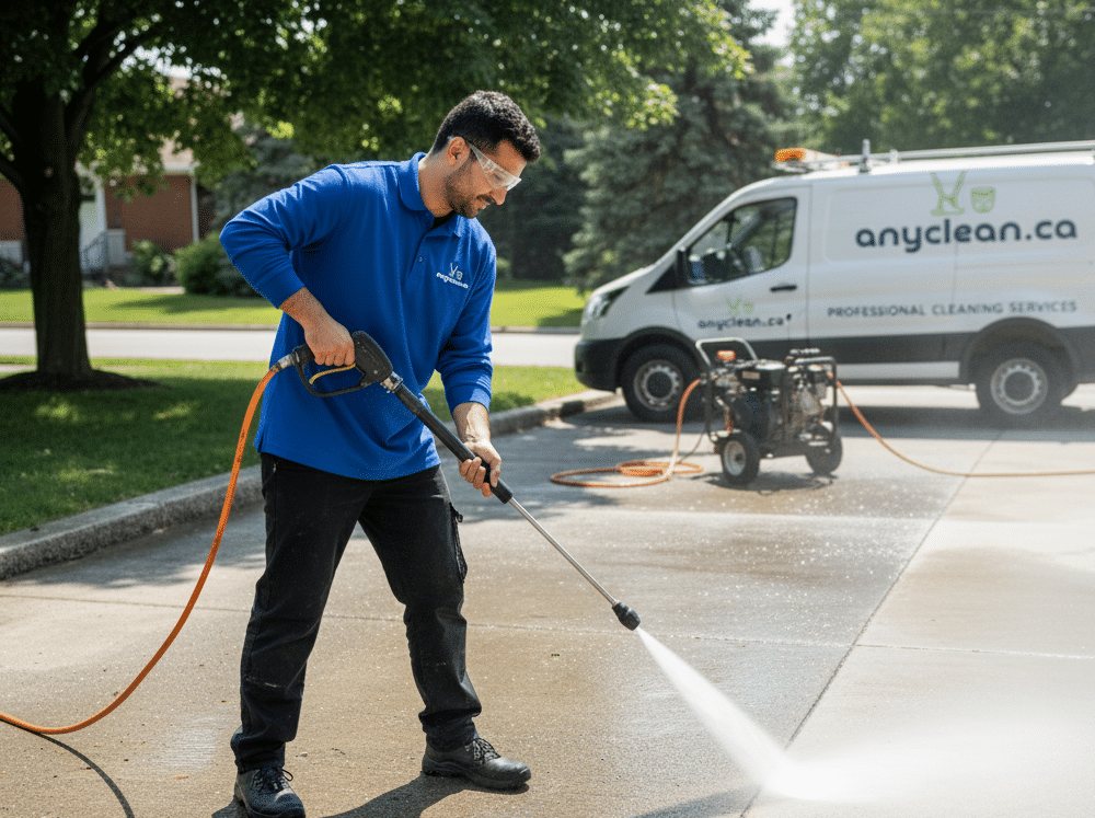 AnyClean pressure washing in Cochrane: technician pressure washing a concrete driveway