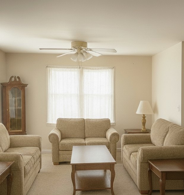 The same living room after the AnyClean crew finished: clutter cleared, surfaces wiped and carpet vacuumed