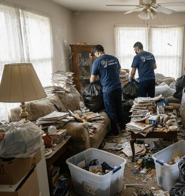 Cluttered living room before an AnyClean clean-up: bags, bins and papers on the sofas and floor