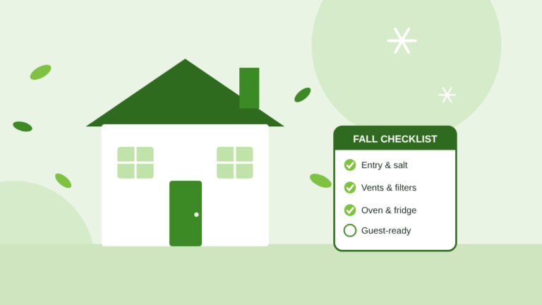 Illustration of a home with falling leaves and a fall cleaning checklist