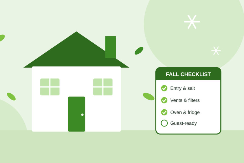Illustration of a home with falling leaves and a fall cleaning checklist