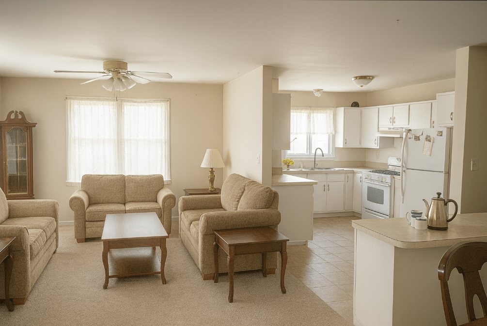 The same open-plan living room and kitchen after AnyClean hoarder clean-up: clutter removed, sofas, tables, carpet and counters cleaned