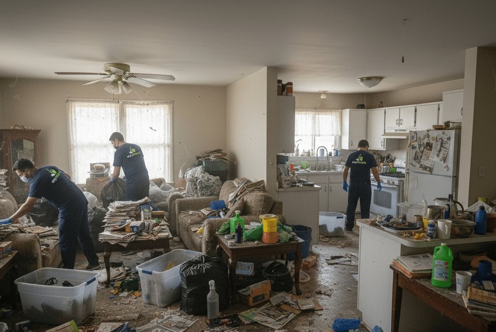 Hoarded living room and kitchen before hoarder cleaning: newspapers, storage bins, bags and debris covering the sofas and floor as the AnyClean crew sorts items
