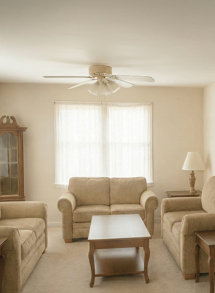 The same living room after hoarding clean-up: floor cleared, furniture and carpet cleaned
