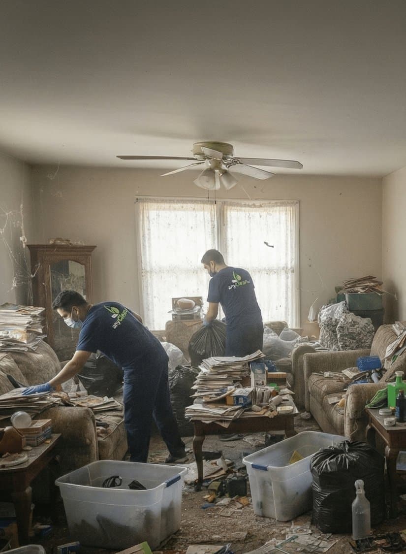 Hoarded living room before hoarding clean-up: AnyClean crew sorting newspapers, bins and bags
