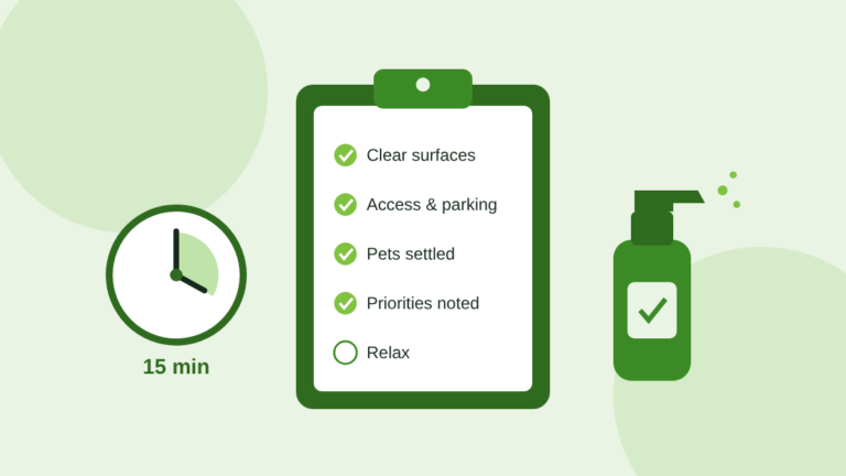 Illustration of a checklist, a timer and a spray bottle before a professional cleaning