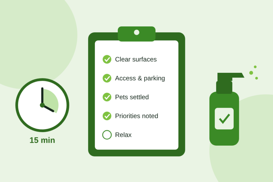 Illustration of a checklist, a timer and a spray bottle before a professional cleaning